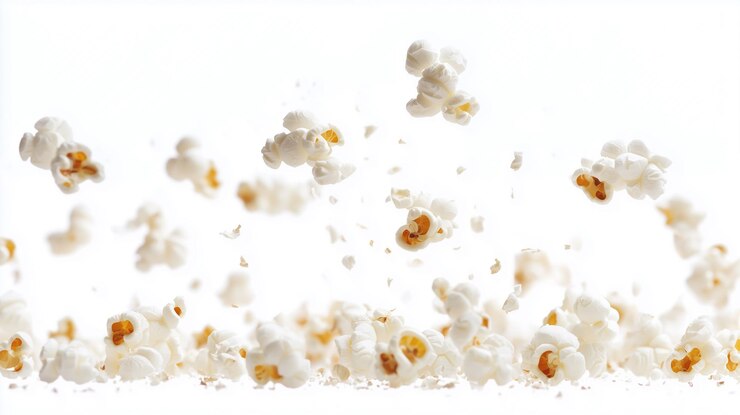 Foto grãos de pipoca explodindo no ar contra um fundo branco limpo com migalhas espalhadas criando uma cena de comida dinâmica e brincalhona