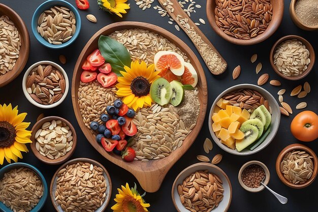 Foto grãos inteiros aveia linho papoula gérmen de trigo granola sementes de girassol