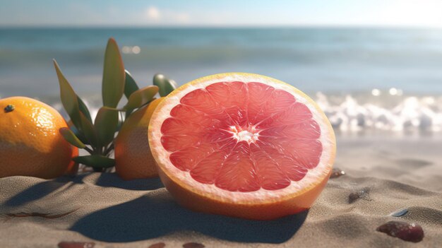 Grapefruit am Sandstrand, tropische Stimmung, generative KI