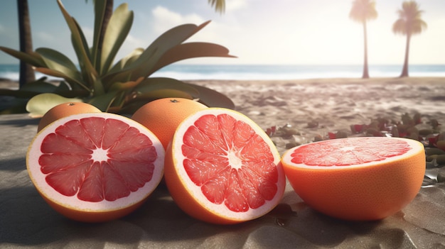 Grapefruit am Sandstrand, tropische Stimmung, generative KI