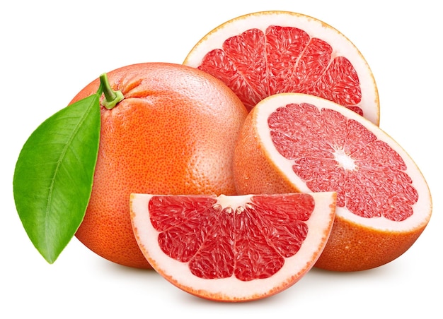 Grapefruit isoliert auf weißem Hintergrund Geschmack Grapefruit mit Blatt Volle Schärfentiefe mit Beschneidungspfad