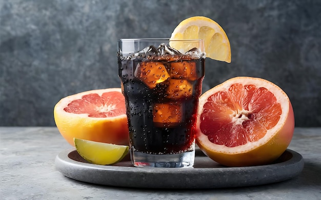 Grapefruit-Lemonade und Cola-Glas mit Eiswürfeln und Tropfen auf einem dunkelgrauen Hintergrund auf einem Steinbrett, frische Früchte ausgeschnitten