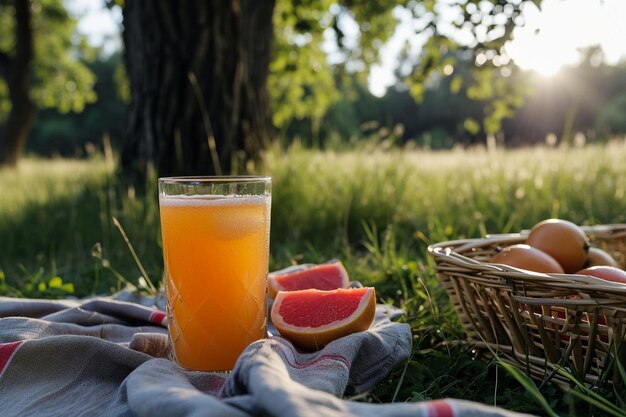 Grapefruit und Getränk mit Picknicktuch