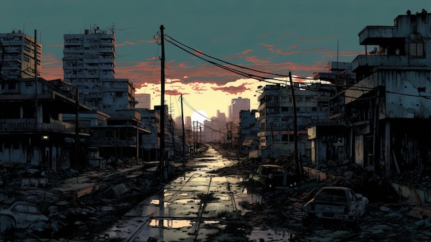Graphic Novel Illustration verlassene Bangkok Stadt erleuchtet dystopische apokalyptische generative KI