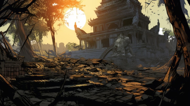 Graphic Novel Illustration verlassener thailändischer Tempel hat Reben dystopische apokalyptische generative KI