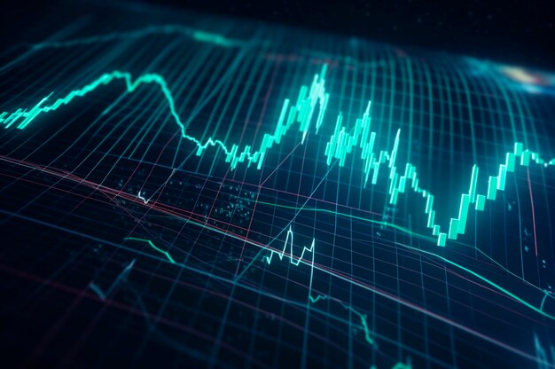 Graphische Gestaltung statistisches Diagramm neonblaue Beleuchtung mit finanziellen Indikatoren der Börse und Investitionen KI generiert