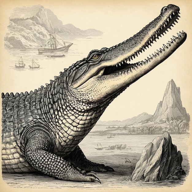 Graphische lithografische Illustration eines Fantasie-Krokodils im antiken Stil