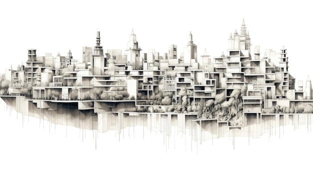 Graphische schwarz-weiße Stadtlandschaftsskizzen