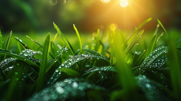 Gras in der Morgendämmerung mit Taustropfen Nahaufnahme Sonnenlicht Weicher Fokus Natur Hintergrund Abstract