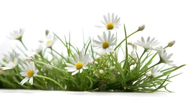 Gras mit weißen Gänseblümchen isoliert auf weißem Hintergrund