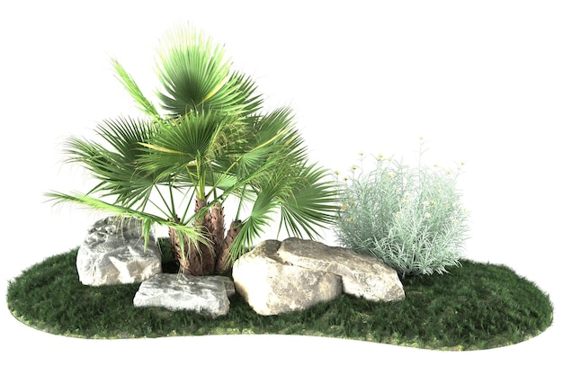 Gras und Blumen im Garten sind von Felsen umgeben