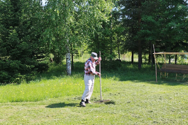 Gras und Laub mit einem Rechen auf einem Bauernhof reinigen