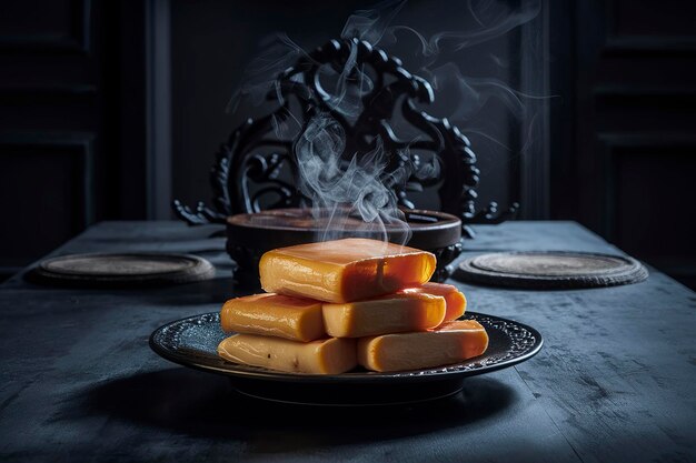 grasa a bordo y en una mesa sobre un fondo oscuro