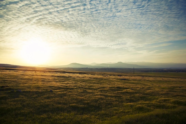 Grasfeld und Berge im Himmel