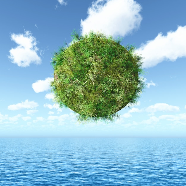 Grasige Kugel 3D, die über eine Ozeanlandschaft schwimmt