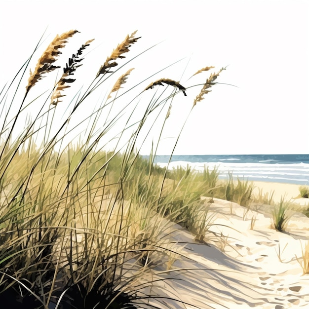 Grasiges Gras auf dem Sand in der Nähe des Strandes und des Ozeans