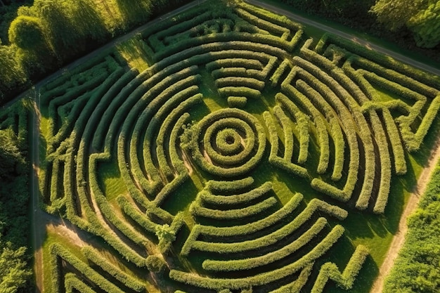 Graslabyrinth im Park, Draufsicht, generative KI