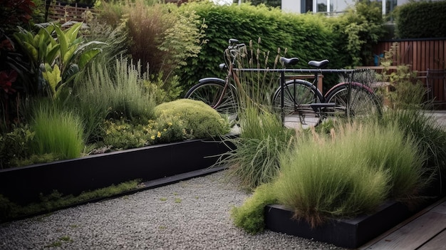 Grasränder und ein moderner schwarzer Fahrradständer neben pflegeleichten, von der KI generierten Gartenresten