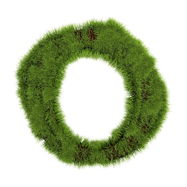 Grass-Buchstabe O isoliert auf weißem Hintergrund. Symbol bedeckt grünes Gras. Öko-Brief. 3D-Darstellung.