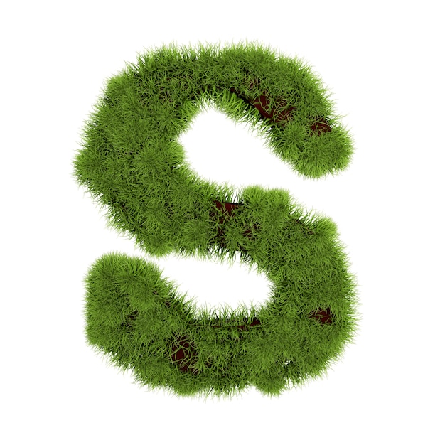 Grass-Buchstabe S isoliert auf weißem Hintergrund. Symbol bedeckt grünes Gras. Öko-Brief. 3D-Darstellung.