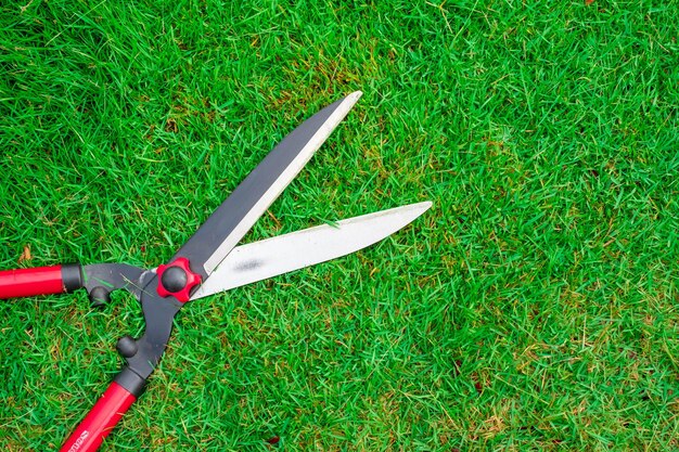 Foto grasschere auf dem grünen grashintergrund trimmen des rasens mit einer schere schneiden sie das gras in der draufsicht des gartens