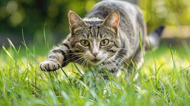 Grassy Games Begeisterte Katzen genießen die einfachen Freuden im Freien spielen ihre grenzenlose Energie ein Beweis für ihren katzenartigen Geist