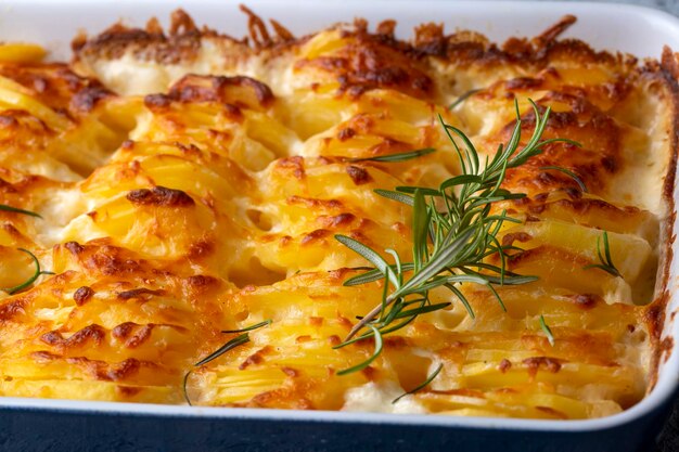 Foto gratin de patatas (patatas horneadas con crema y queso) con romero y horquillas (nombre turco; patatas kremali)