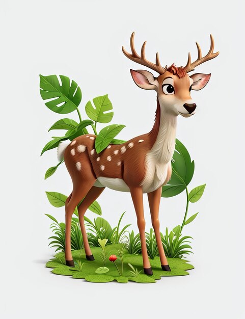 Grátis capricho adorável cervo e bebê desenho animado em vegetação AI generativa