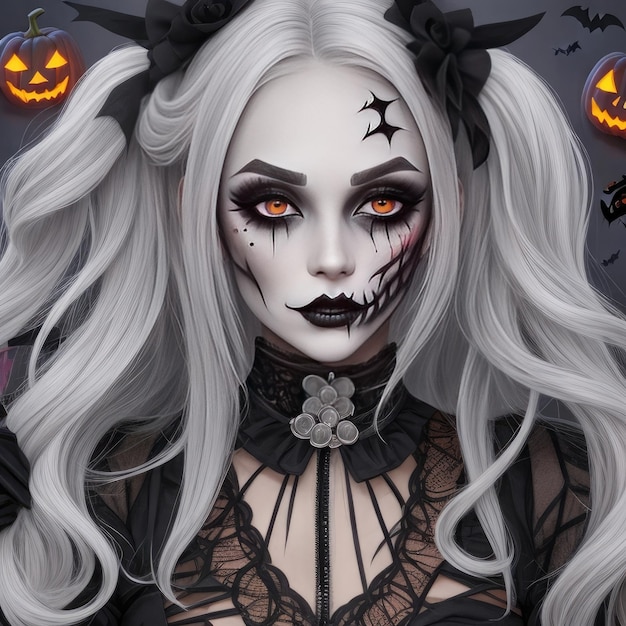 Gratis Foto attraktives Mädchen ist bereit für Halloween Sie hat sehr gruseliges Make-up auf ihrem Gesicht