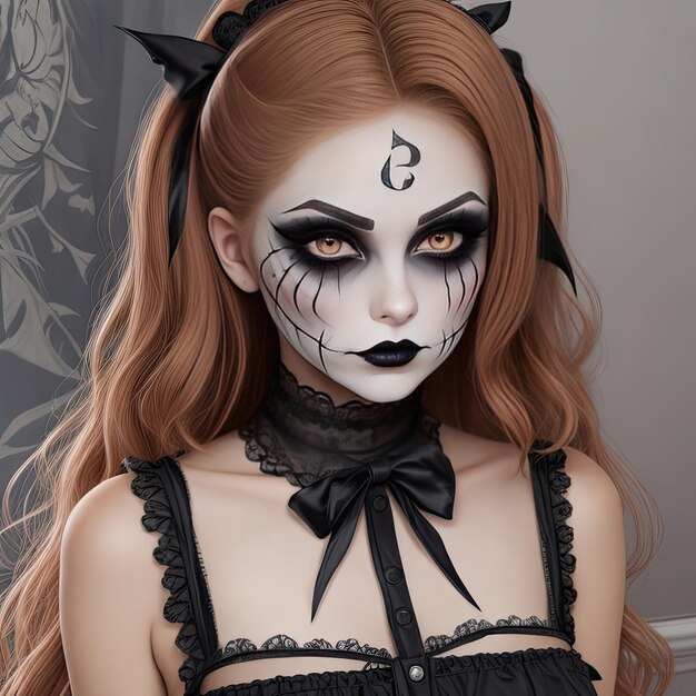 Gratis Foto attraktives Mädchen ist bereit für Halloween Sie hat sehr gruseliges Make-up auf ihrem Gesicht