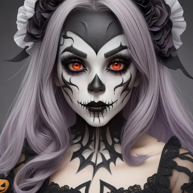 Gratis Foto attraktives Mädchen ist bereit für Halloween Sie hat sehr gruseliges Make-up auf ihrem Gesicht