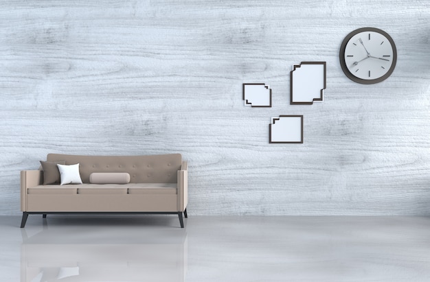 Grau-weißes Wohnzimmer mit braunem Sofa, Wanduhr, weißer Holzwand, Kissen, Bilderrahmen. 3