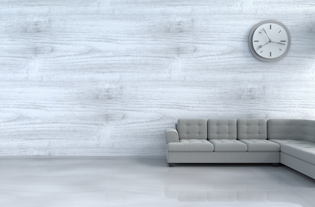 Foto grau-weißes wohnzimmer mit grauem sofa, wanduhr, hölzerne wand, zementboden. 3d übertragen