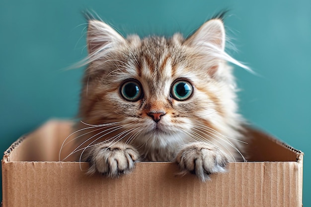Graue flauschige Katze, die aus einer Kartonschachtel auf blauem Hintergrund ausschaut
