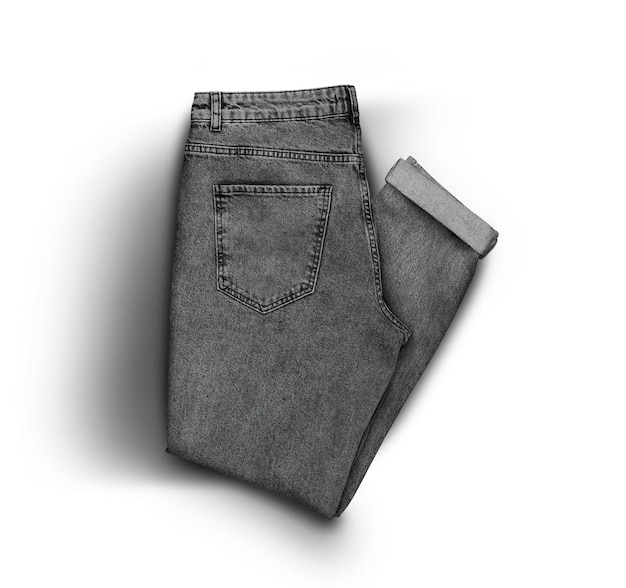 Graue Jeans lokalisiert auf einer Draufsicht des weißen Hintergrundes