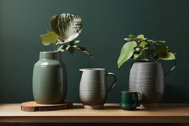 Graue Keramikvase mit einem Becher auf einem Holzhocker an einer waldgrünen Wand