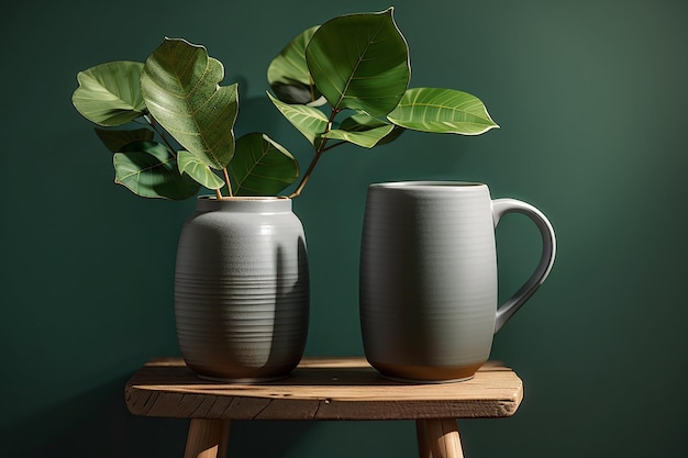 Graue Keramikvase mit einem Becher auf einem Holzhocker an einer waldgrünen Wand