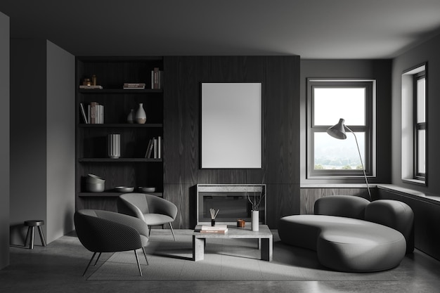 Graue Relaxraum-Innencouch und Sessel mit Fenstermodellrahmen