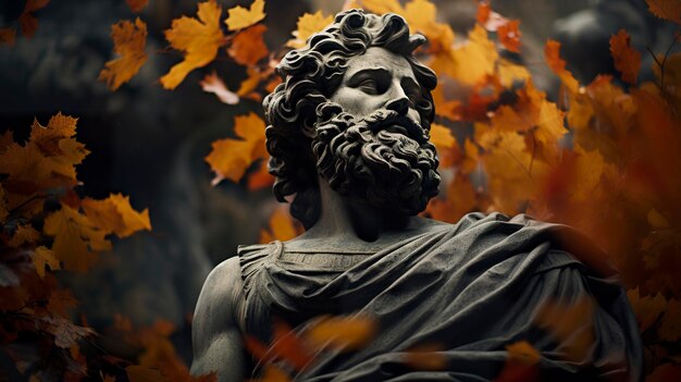 Graue Statue des griechischen Gottes mit Bart im Garten