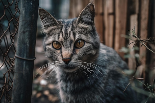 Graue streunende Katze am Zaun schmutzig