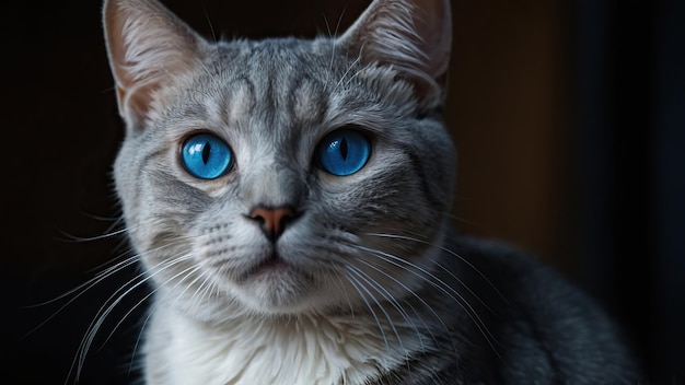 Graue Tabby-Katze mit pierzenden blauen Augen in einem dunklen Raum