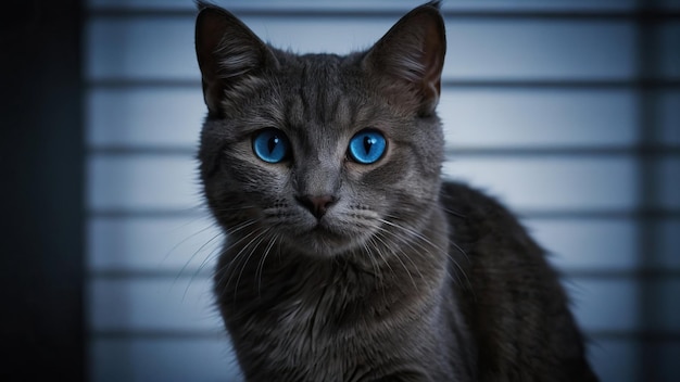 Graue Tabby-Katze mit pierzenden blauen Augen in einem dunklen Raum