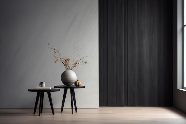 Graue Wandpaneele und ein schwarzer Beistelltisch in der minimalistischen Innenarchitekturkomposition Generative AI