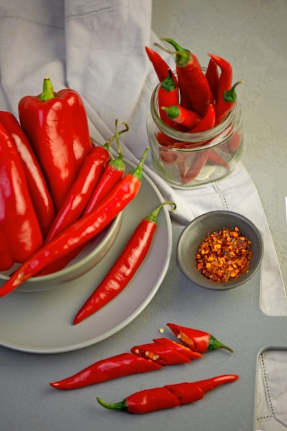 Grauer Hintergrund mit Chili Red Hot Capsicum Seasoning Spice Mexikanisches Element für das Design