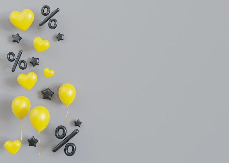 Foto grauer hintergrund mit rabattschildern, gelben ballons und herzen, leerer copy-raum für werbetext, prozentsatzsymbole, sonderangebot, gutes preisangebot, einkaufen, verkauf von black friday 3d