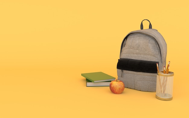 Grauer Jeansrucksack im Gelb mit Büchern, Apfel und Bleistift zurück zu Schule 3d übertragen