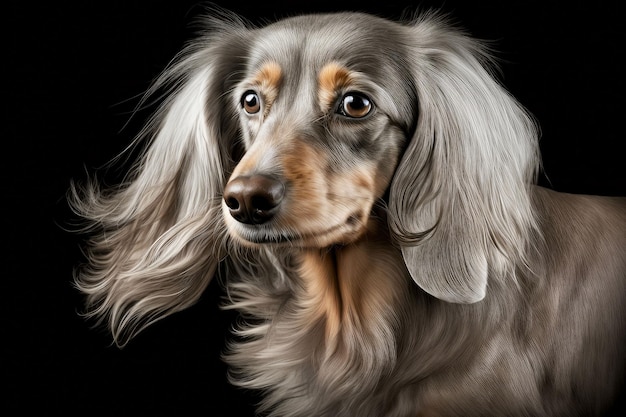 Grauer langhaariger Dackelhund auf dunklem Hintergrund generative ai-Illustration