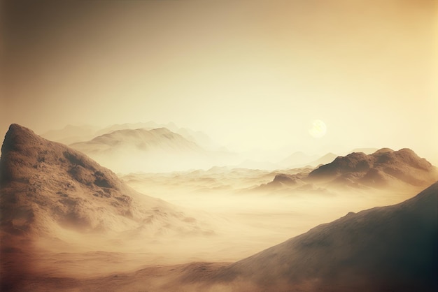 grauer Nebel rollt sich über die Bergspitzen bis zum Horizont in dieser abstrakten beigefarbenen Szene.