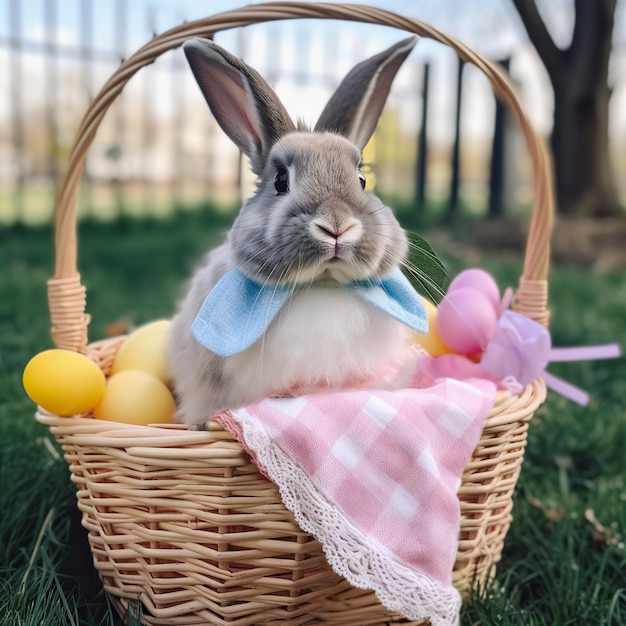 Foto grauer osterhase mit bunten eiern