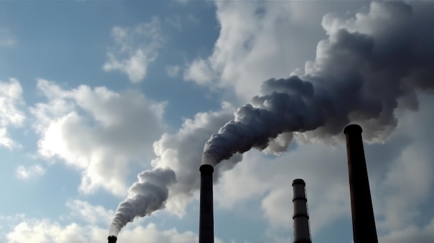 Grauer Rauch aus Industrieschornsteinen in einem blau bewölkten Himmel